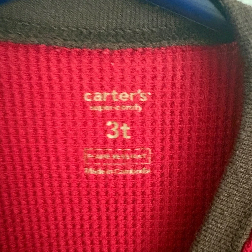 Carters Boys 3T Red Waffle Knit Thermal Pajama Top Monkey Truck Graphic AMG0432